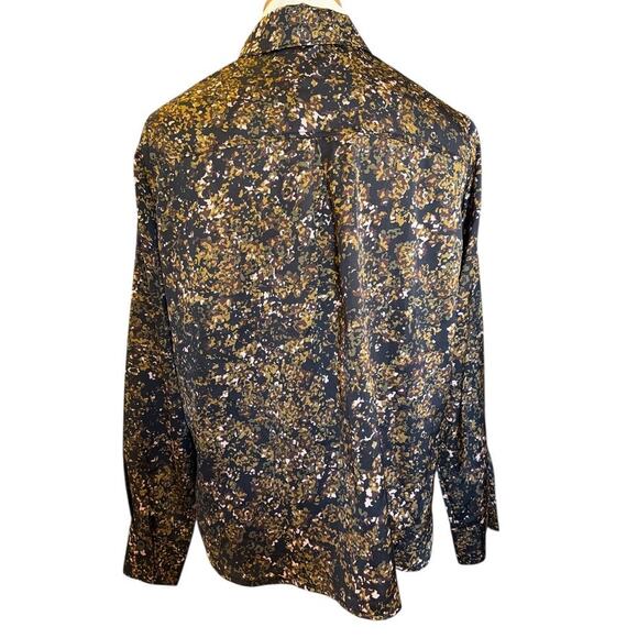 Evereve Sasha Satin Abstract Print Buttoned Blouse Shirt Top Size M Black Olive - Picture 3 of 10
